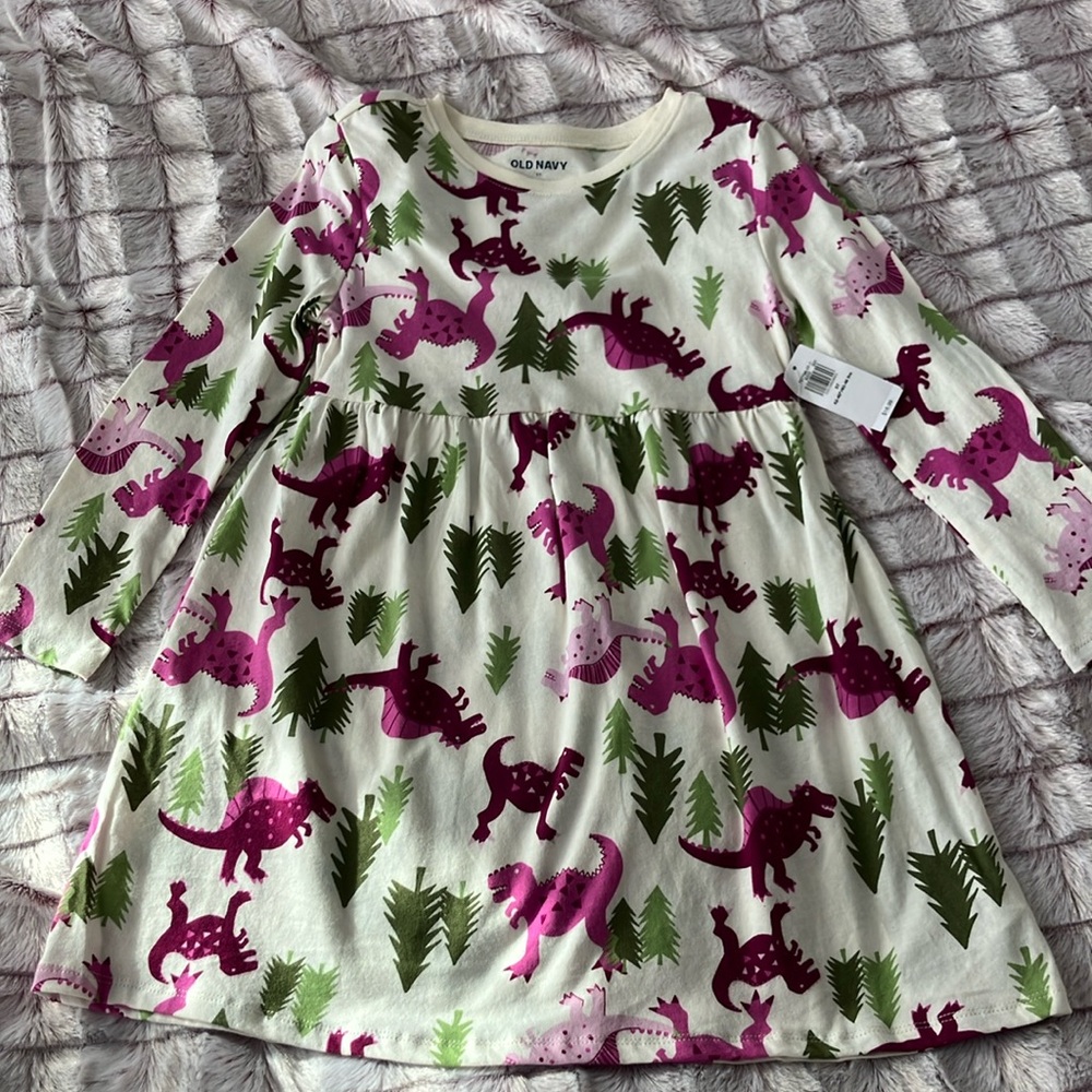 Old Navy Kids Dinosaur Print Dress - Cream and Pink